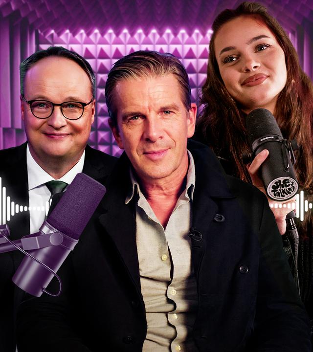 Fotomontage Markus Lanz, Oliver Welke und Emma von „She’s talking“ in einem Tonstudio