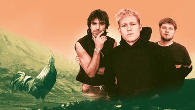 Die drei Sänger von 01099 im Porträt. Neben ihnen ist ein Huhn zu sehen.