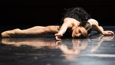 Die Tänzerin steht auf Zehenspitzen. Sie blickt nach oben und streckt die Arme in die Höhe. Sie trägt ein schwarzes Trikot mit Fransen.