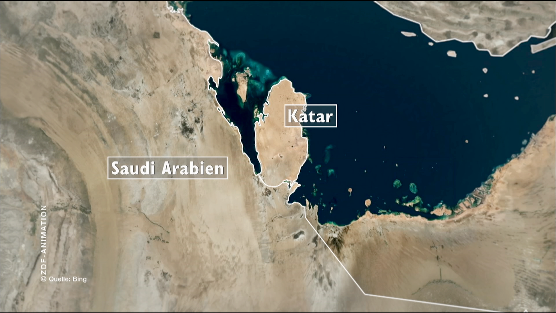 Karte des Inselstaates Katar mit seiner Grenze zu Saudi Arabien
