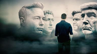 "Trump und das Silicon Valley - Staatsstreich der Tech-Milliardäre": Ein Mann steht vor den riesigen steinernen Köpfen von Trump, Vance, Zuckerberg und Musk.