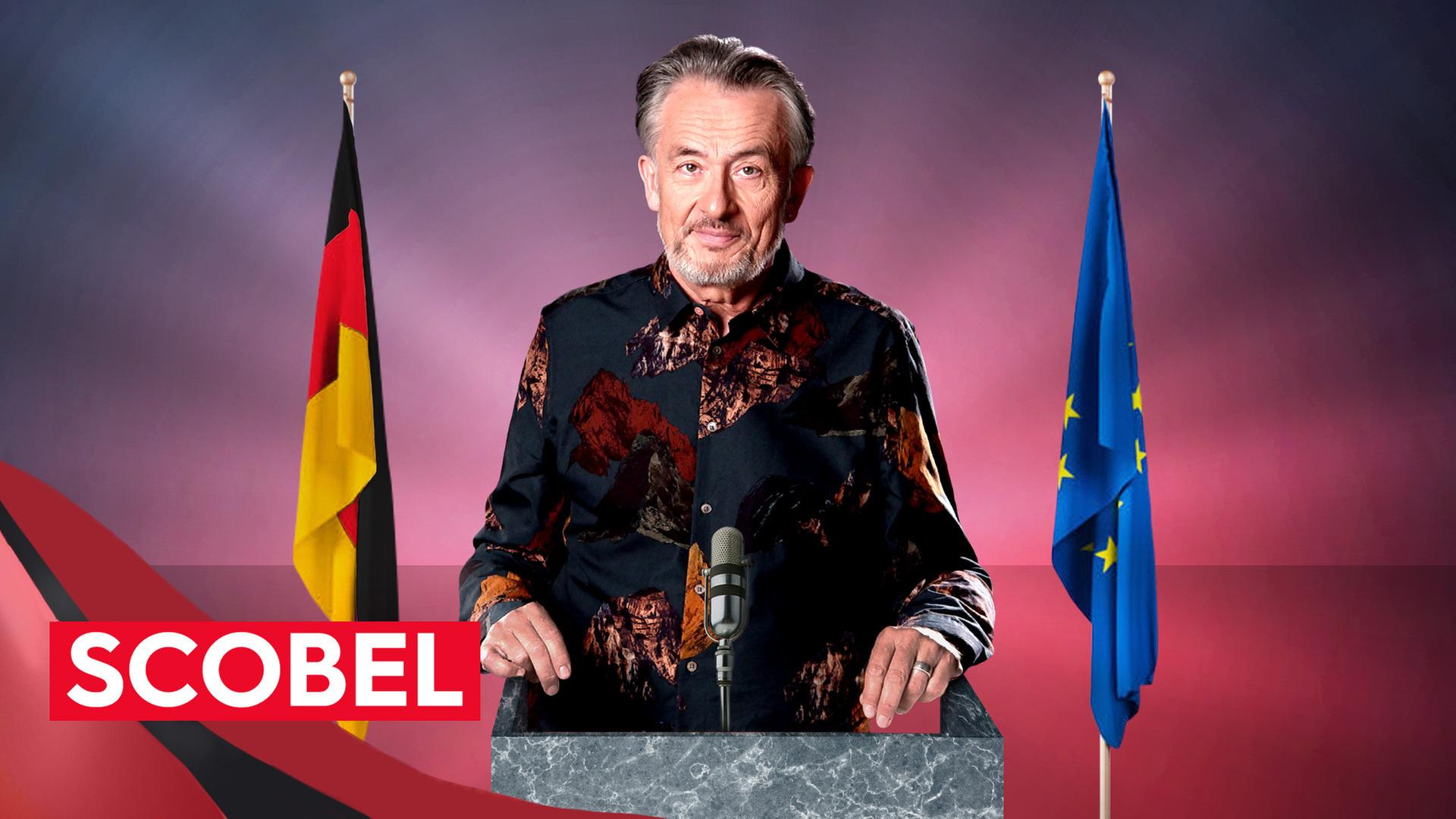 Gert Scobel am Rednerpult symbolisiert politische Manipulation