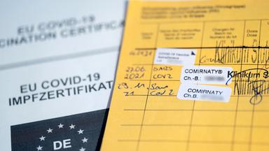 Gelber mpfausweis mit Aufkleber, die drei impfungen nachweisen