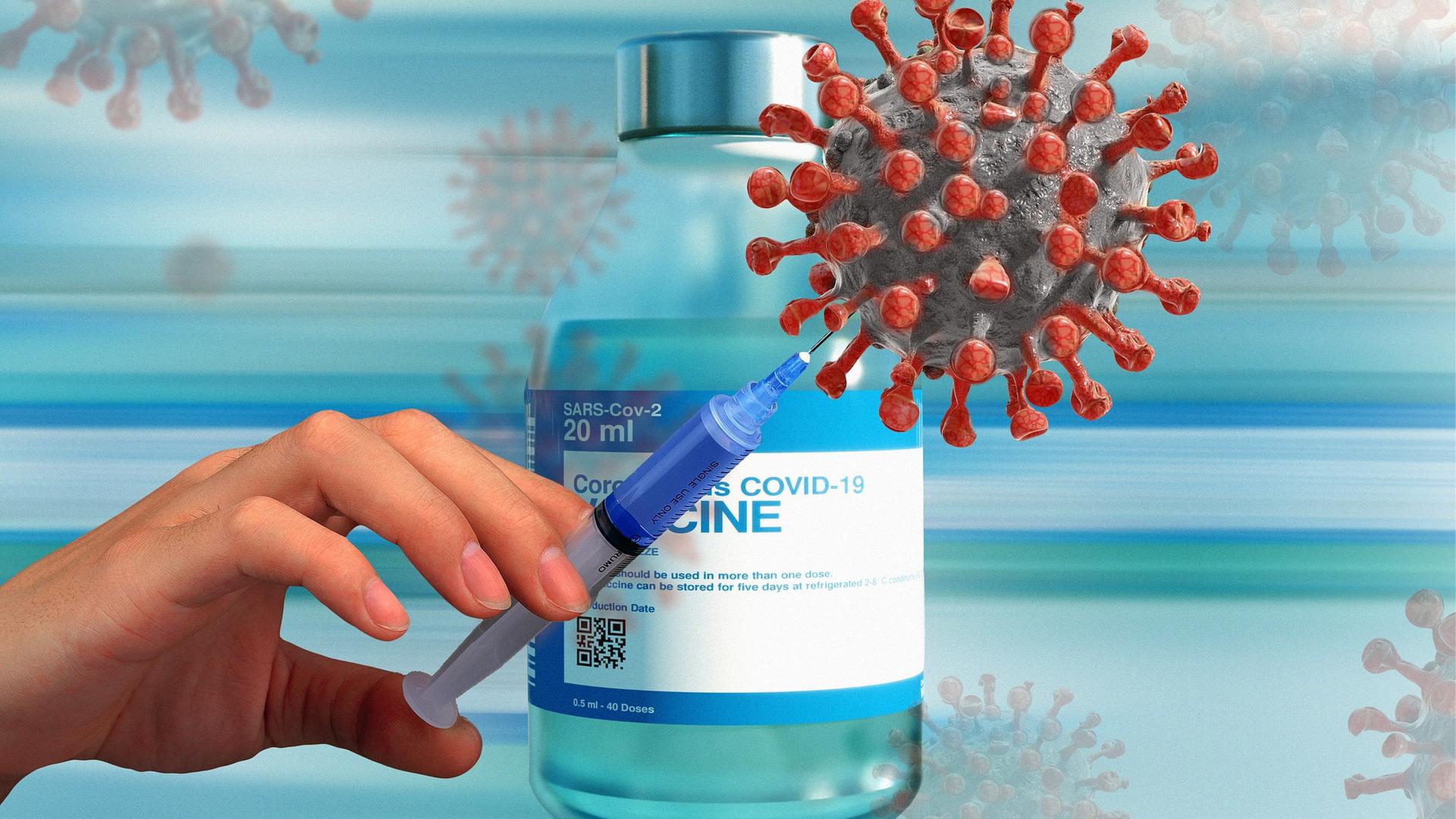 Person wird geimpft, im Hintergrund ist ein Virus zu sehen
