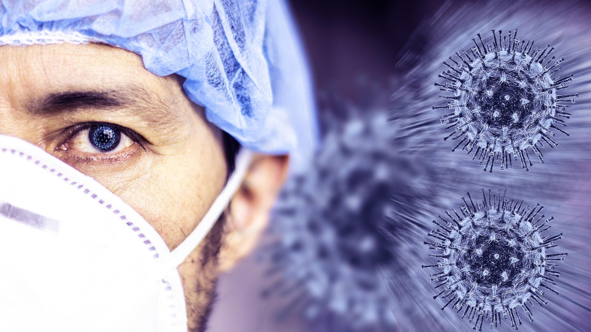 Mann mit Maske, daneben Grafid Covid-Virus 