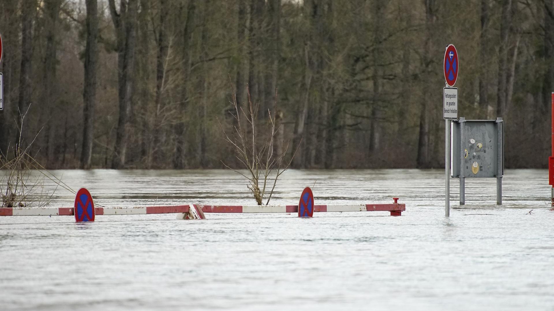 Hochwasser - Staßenbarrieren fast überflutet