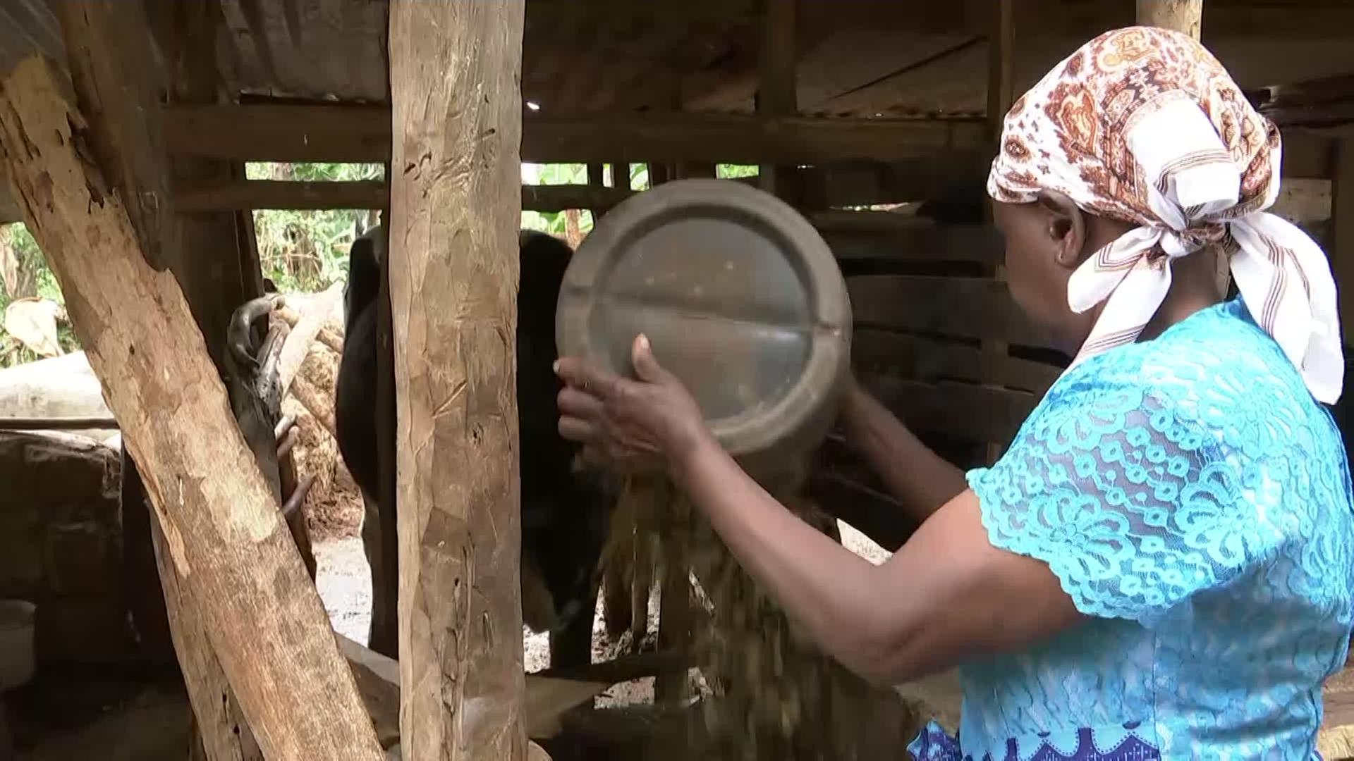 Frau kocht an einer Feuerstelle