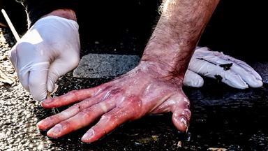 Hand eines Klimaaktivisten festgeklebt auf einer Straße