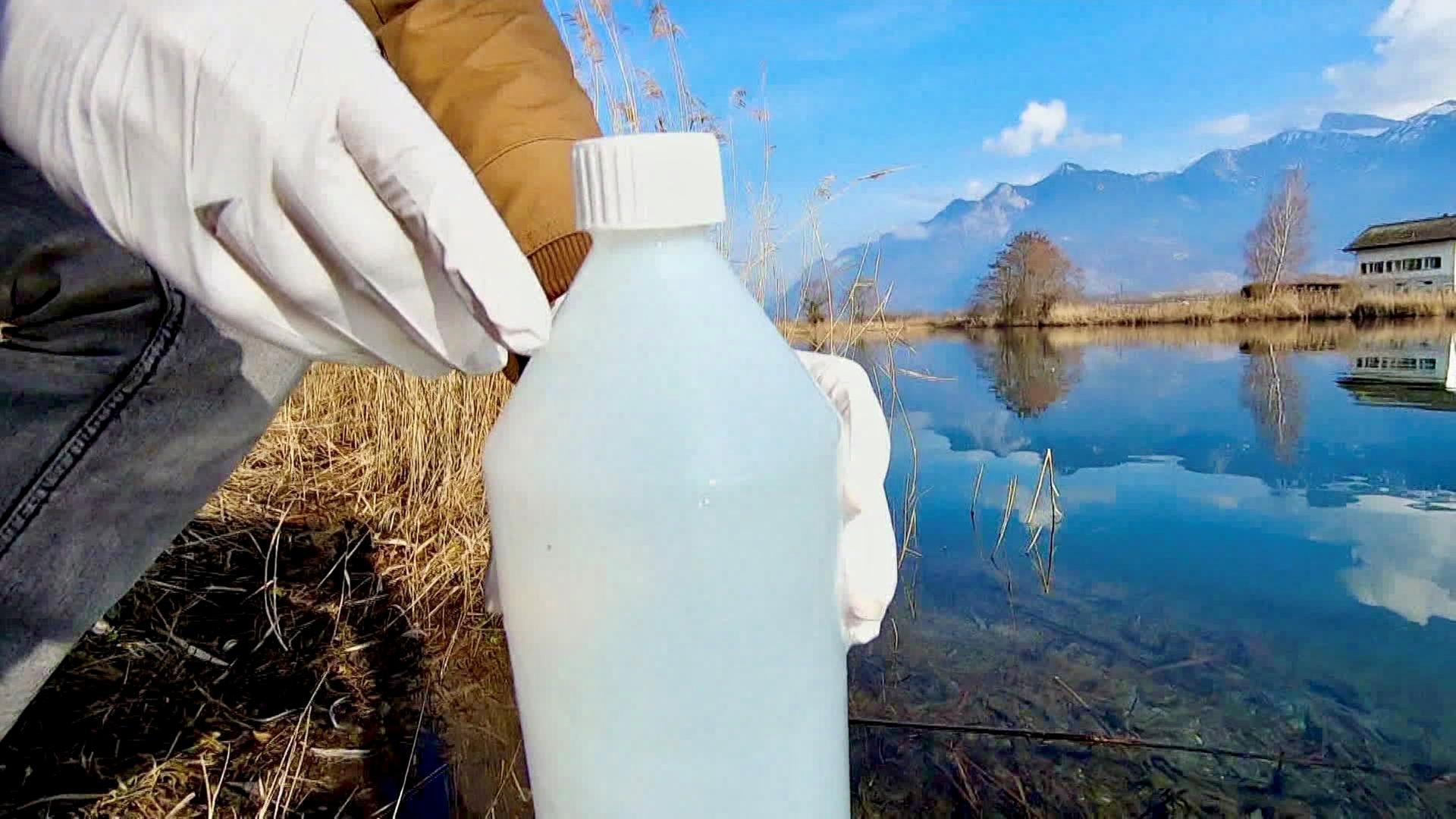 Probenentnahme in einer Plasikfasche an einem See