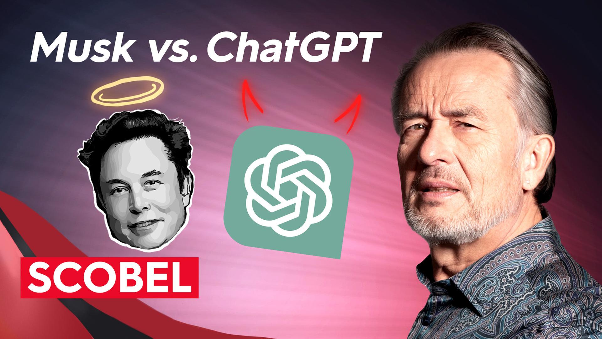 kritisch blickender Scobel, Musk mit Heilgenschein, ChatGPT mit Teufelshörnern