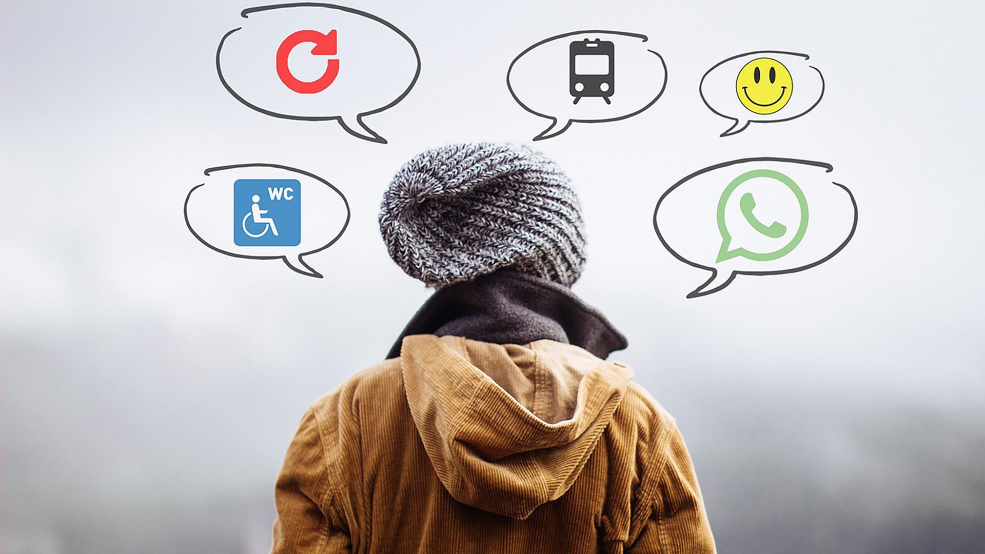 Jugendliche von hinten. Über ihrem Kopf sind Denkblasen