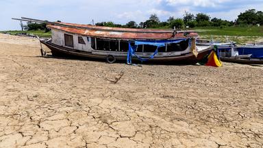 Dürre im Amazonas Regenwald. Kleines Boot im fast ausgetrockneten Fluss
