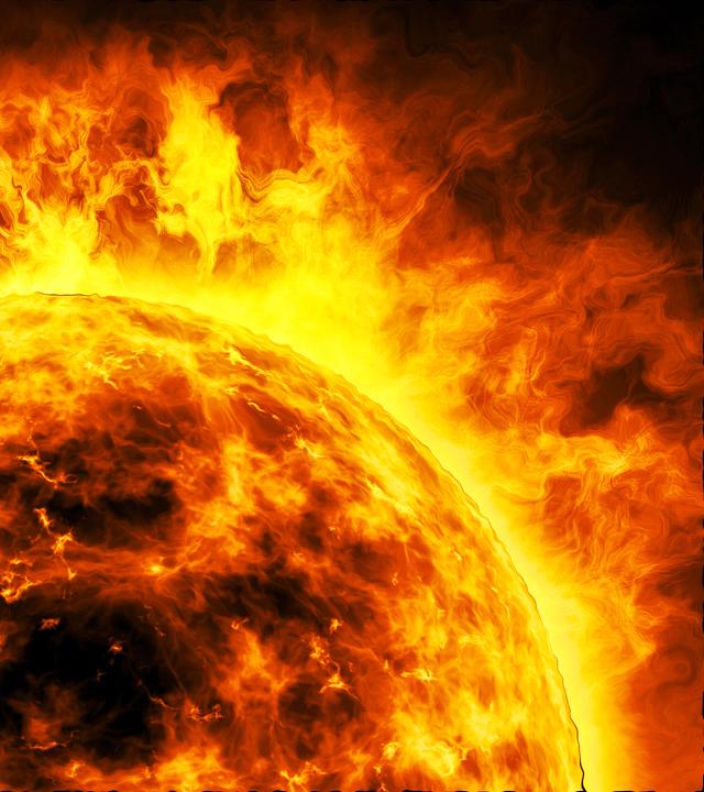 Nahaufnahme der Sonne, die intensive Strahlung und Sonnenwinde zeigt.