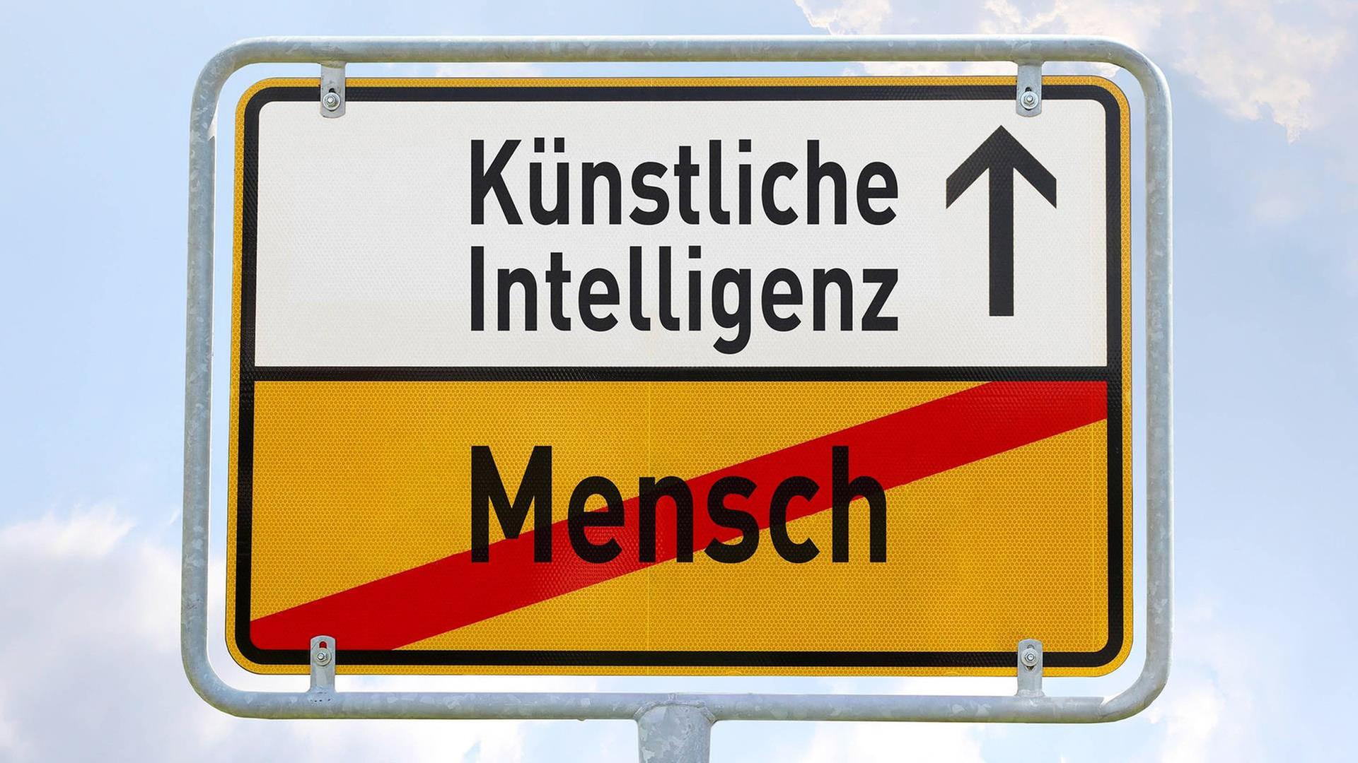 Ein Straßenschild mit der Aufschrift "Künstliche Intelligenz" mit einem Richtungspfeil und dem durchgestrichenen Wort Mensch.