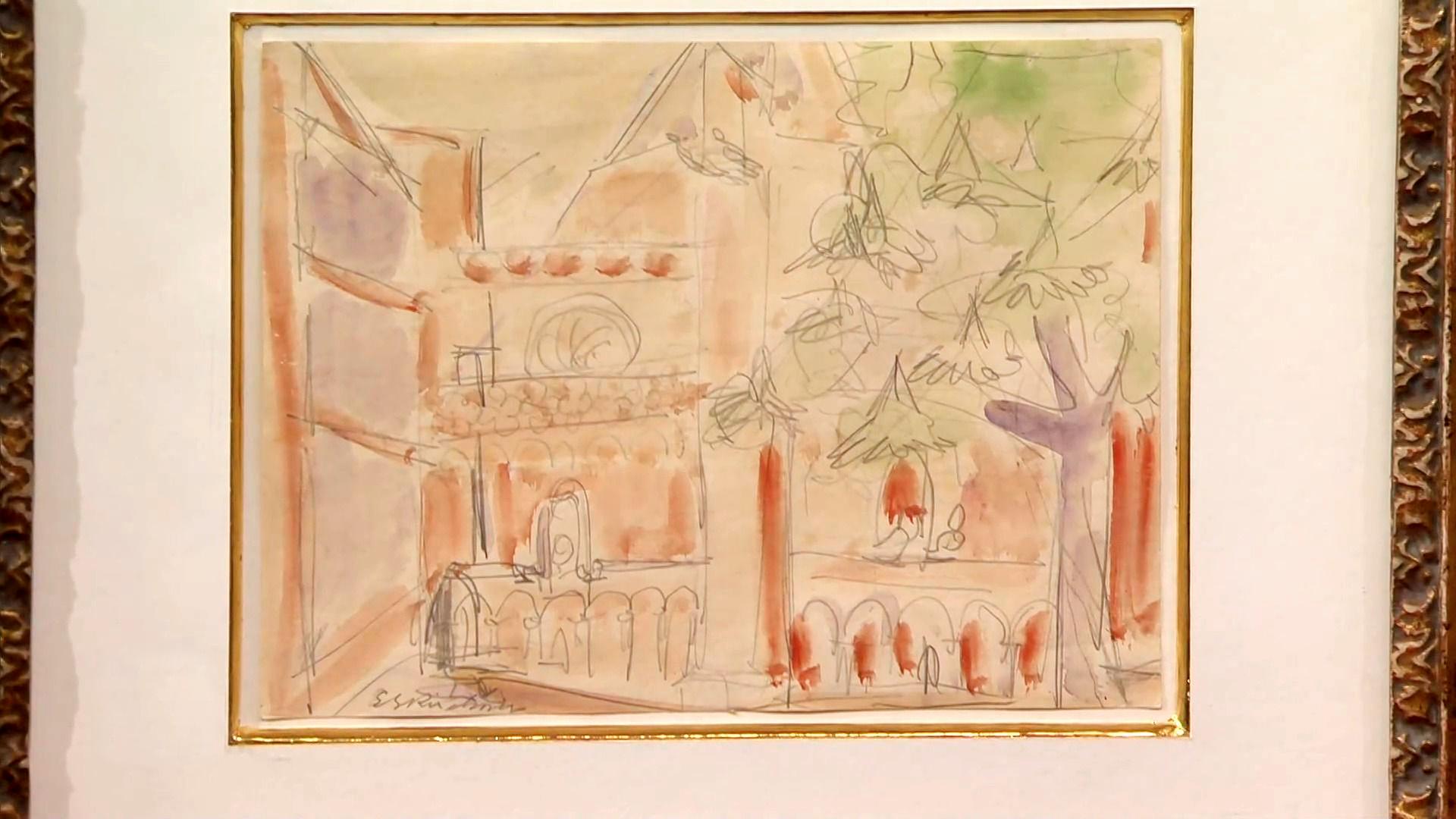 Ein buntes Aquarell eines Gebäudes und eines Baumes.