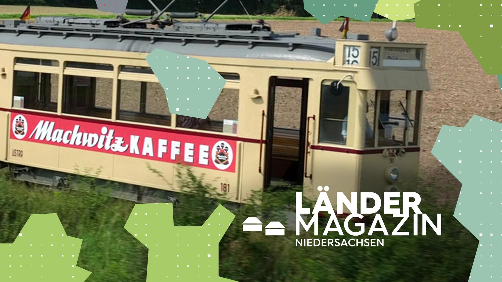 Ein historischer Straßenbahnwagon auf Schienen in der Natur.