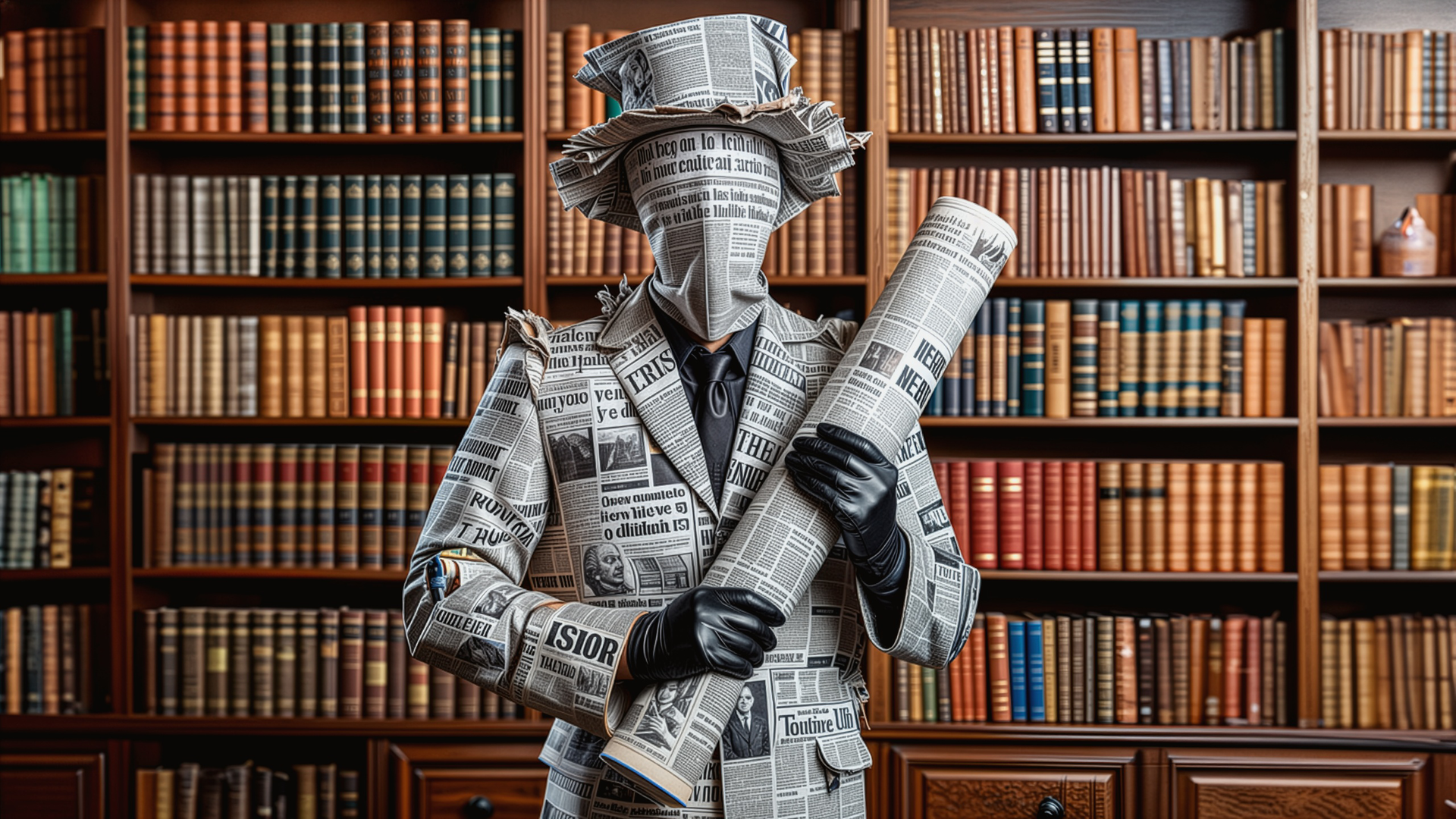 Ki generierter Mensch aus Zeitungspapier vor einer Bücherwand