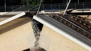Nahe Einstellung: Großer Bruch in der Carolabrücke in Dresden.