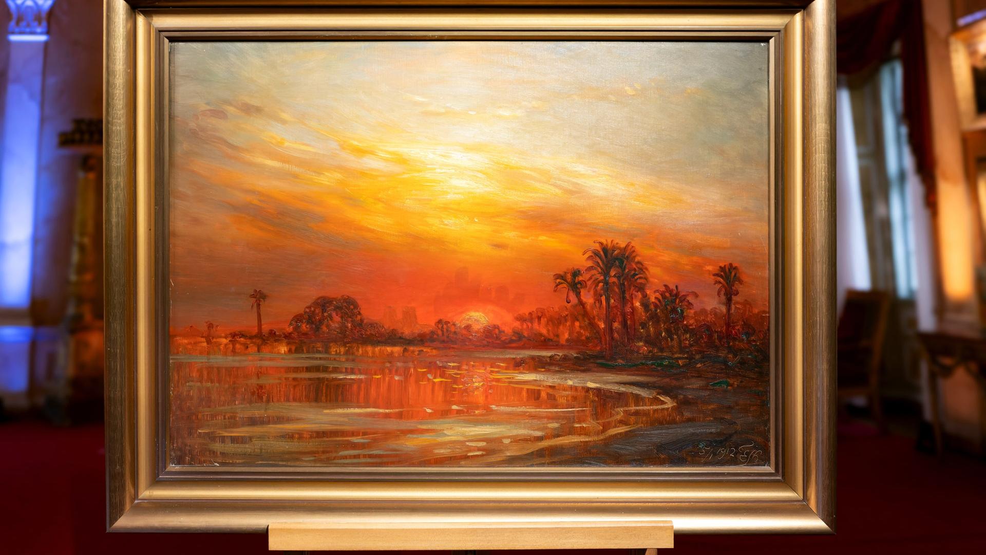 Foto des Gemäldes eines Sonnenuntergangs am Nil, des "roten Bildes".