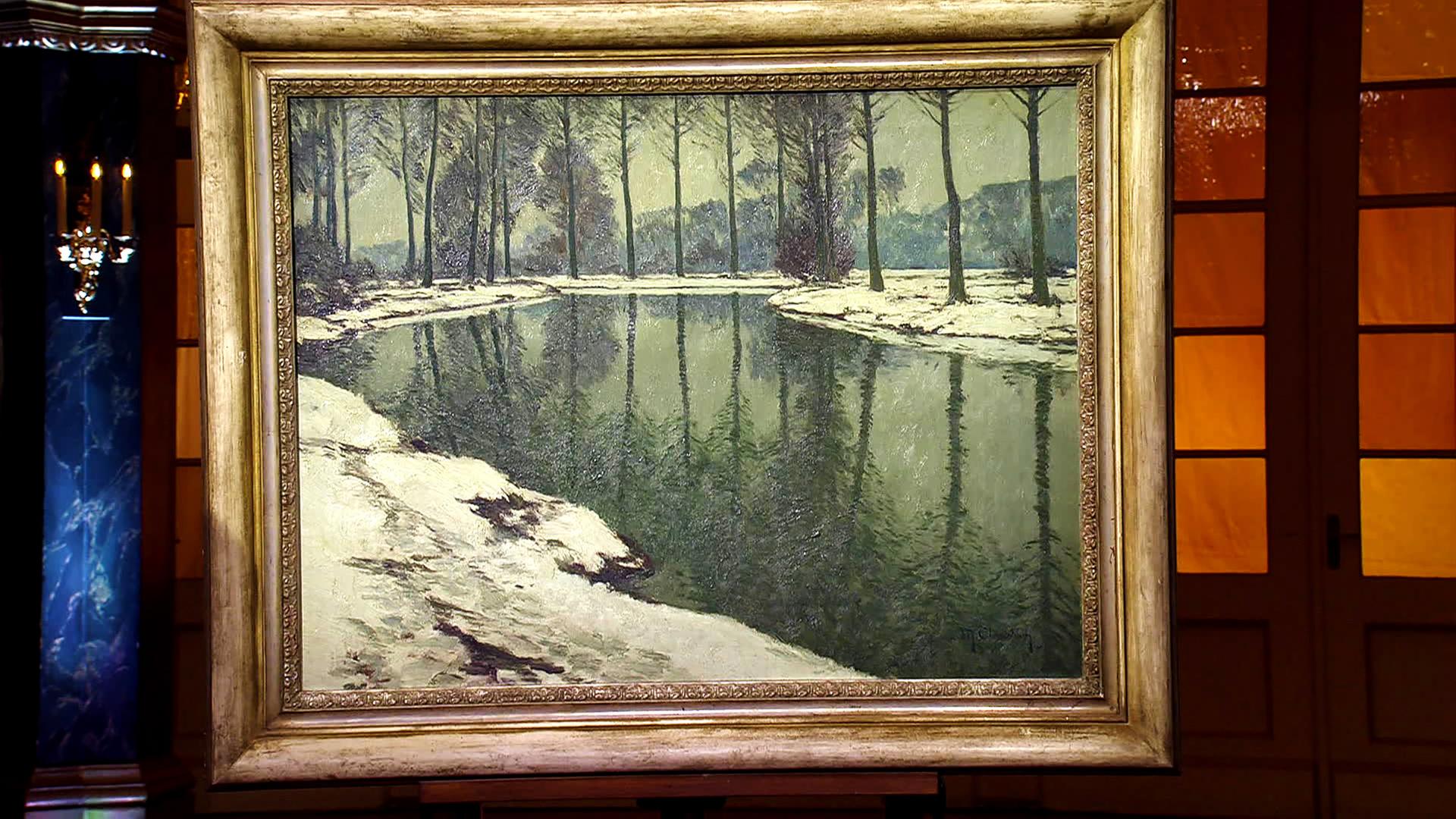 Ein Gemälde einer Winterlandschaft.