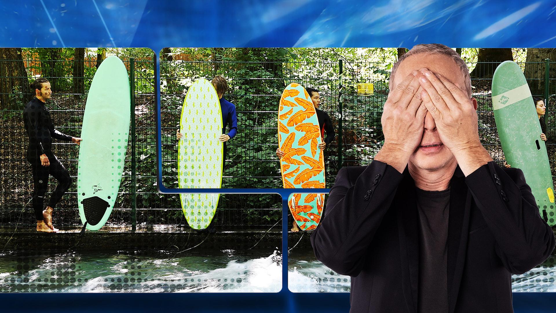 Christoph Süss hält sich die Hände vor die Augen. Hinter ihm ein Bild mit Surfbrettern.
