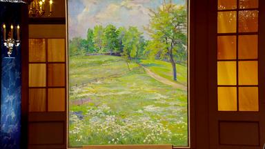 Nahaufnahme eines Gemäldes einer Blumenwiese.