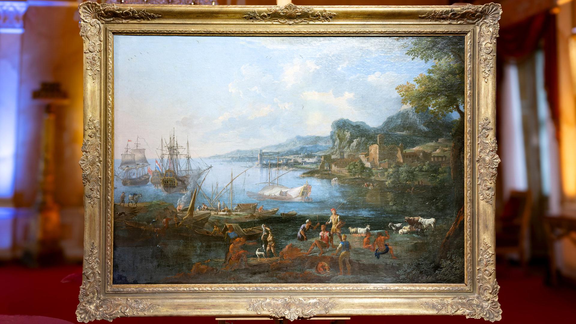 Gemälde einer Küstenlandschaft.