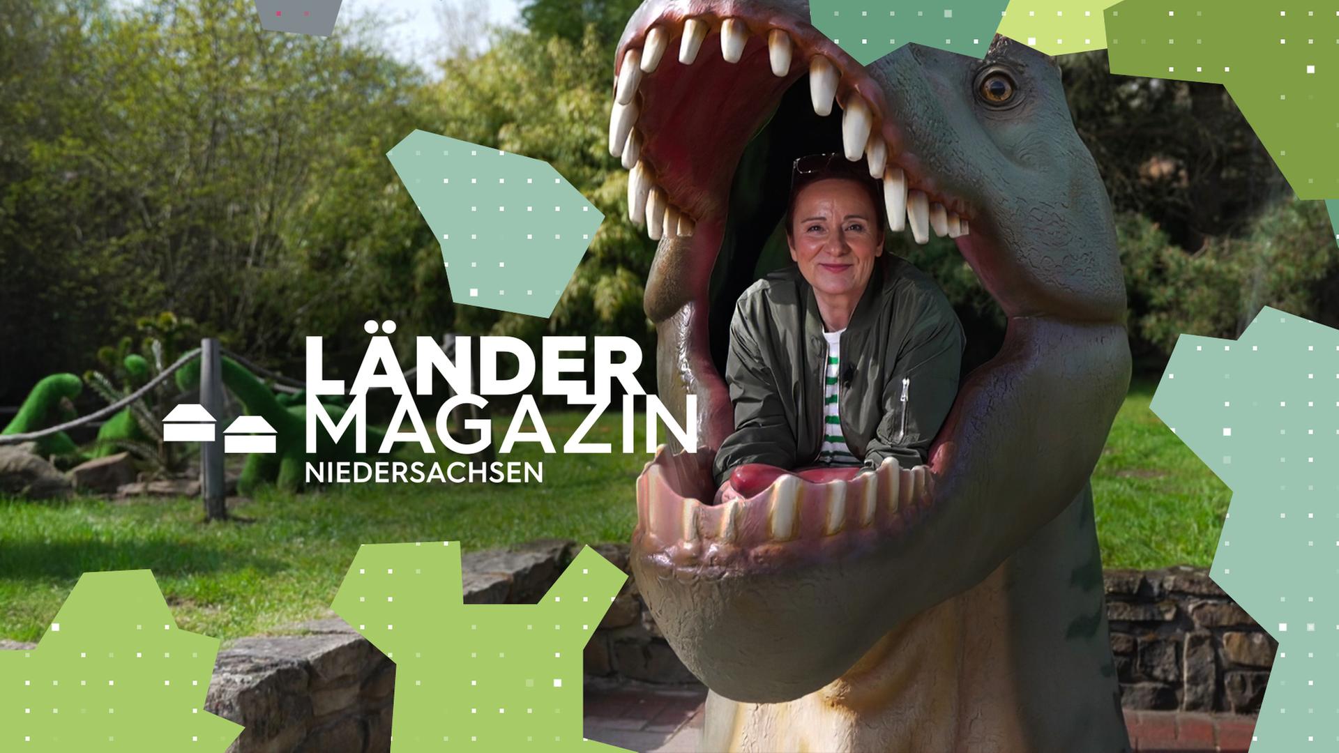 Eine Frau blickt aus dem Maul einer Dinosaurierstatue.