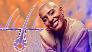 Keyvisual / Frau ohne Haare auf der rechten Bildseite