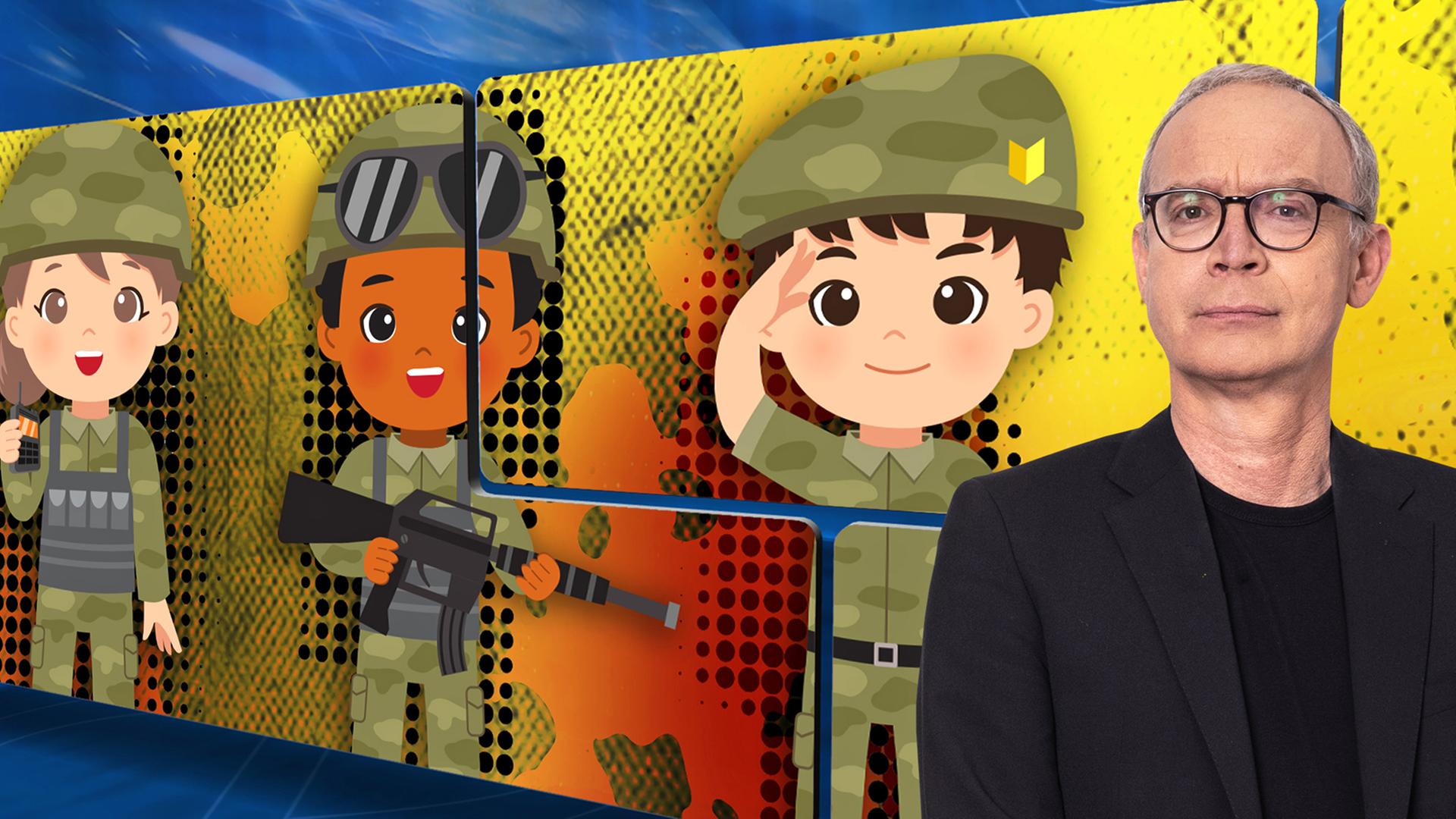 Der Moderator vor einer Videowand, auf der Soldaten und Soldatinnen als fröhlich lachende Comic-Figuren dargestellt sind.