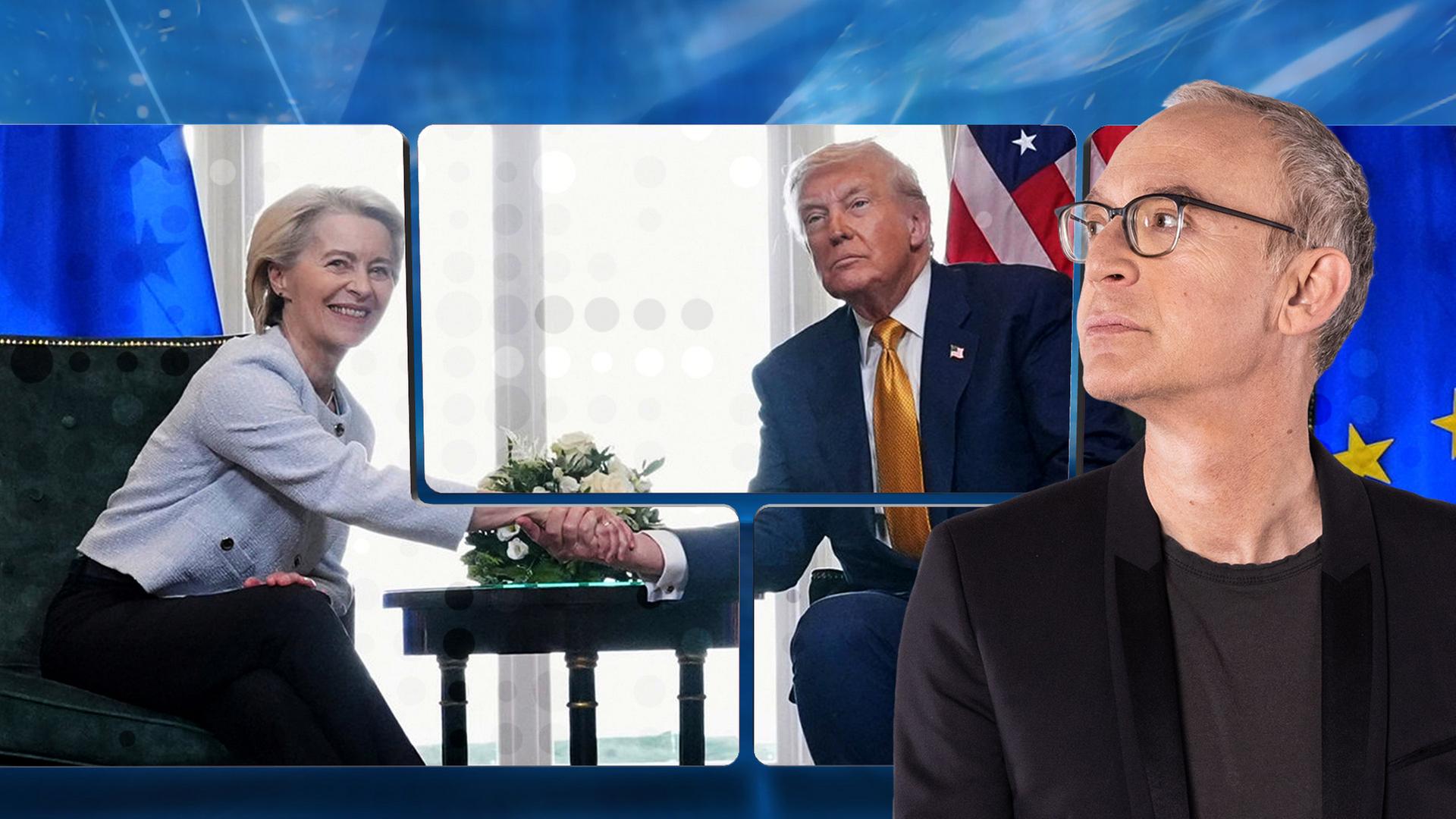 Ursula von der Leyen und Donald Trump schütteln sich auf einem Tischchen, das zwischen ihnen steht, die Hände.