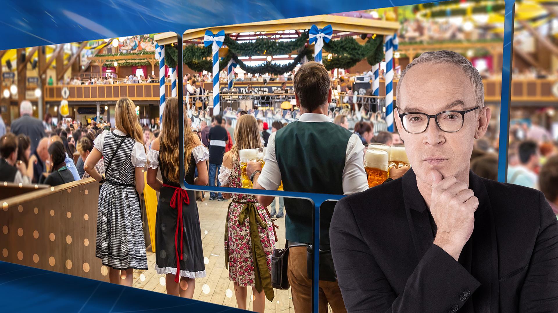 Der Moderator vor einer Videowand, auf der das Innere eines Bierzelts beim Oktoberfest zu sehen ist.