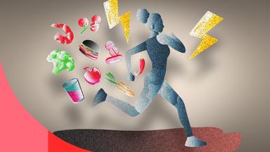 Neue Forschung erklärt, warum manche trotz Diät mehr zunehmen: Braunes Fett, Insulin im Gehirn und individuelle Stoffwechseltypen könnten die Antwort sein! Die zu sehende Grafik einer rennenden Frau mit Blitzen und buntem Gemüse zeigt den Einfluss von Ernährung und Energieverbrauch