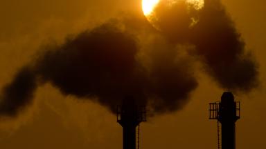  Firmen zahlen für CO2-Emissionen und sparen bei weniger Ausstoß. Auf dem Bild hält ein Mann ein CO2-Schild, während eine Autoschlange Abgase ausstößt.