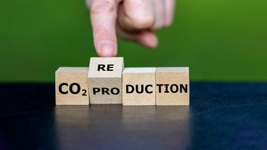 CO2-Zertifikate helfen der EU bei der Klimaneutralität, doch nur 16 % wirken. Ein brasilianisches Aufforstungsprojekt nutzt diese für den Klimaschutz. Bild zeigt Würfel mit Aufschrift CO2-Reduktion / Produktion