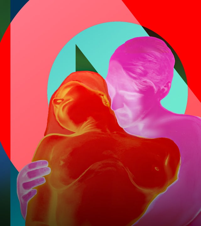 Wie entwickelt sich der Verlauf unserer Intimität im zunehmenden Alter? Sex mit 40 plus – Freiheitsbooster oder Lustkiller? Bild: Eine männliche Figur  - pink eingefärbt- umarmt eine rot eingefärbte Frau