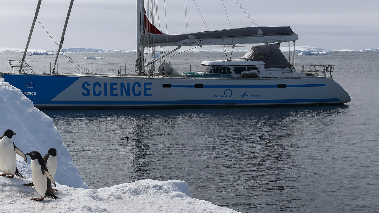 Forscher segeln in die Antarktis, um Pinguine, Klima und Plastik zu erforschen. (Bild zeigt Pinguine im Eis, neben ihnen steht Simeon Lisovski mit gelber Jacke)