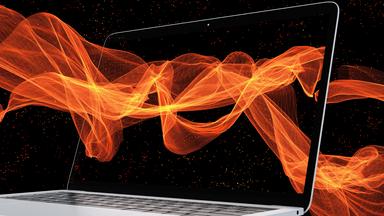 1927 überraschte Werner Heisenberg selbst Einstein: Seine Unschärferelation zeigte Grenzen des Messbaren – und macht erst Smartphones, Chips und unsere digitale Welt möglich. (Bild zeigt Laptop mit sybolischen Wellen)