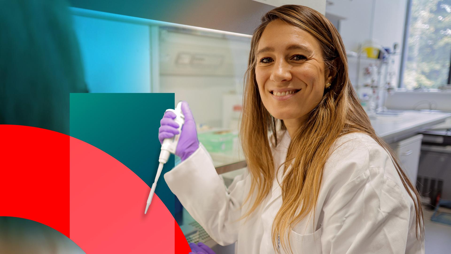 Entdecke mit Jasmina Neudecker, wie Myokine das Immunsystem stärken und ein Ganzkörperscanner Hautkrebs erkennt. (Auf dem Bild rechts ist Jasmina Neudecker zu sehen, auf anderen Seite ein Boxhandschuh)