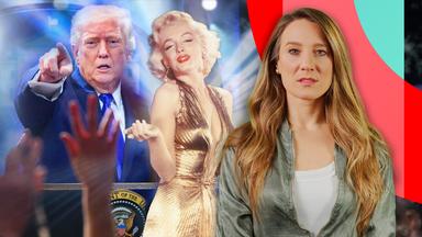 "Superkraft Charisma": Moderatorin Jasmina Neudecker im Vordergrund, dahinter Donald Trump und Marilyn Monroe