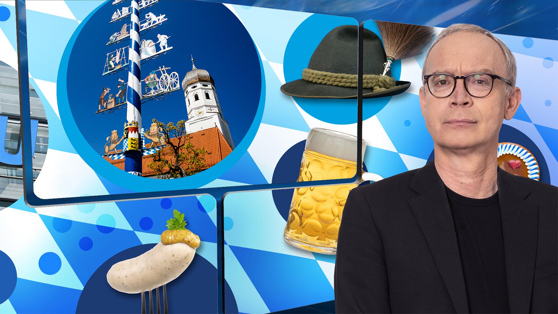 Der Moderator vor einem Bild mit mehreren typisch bayerischen Gegenständen, z.B. Weißwurst, Maibaum und Bierkrug.