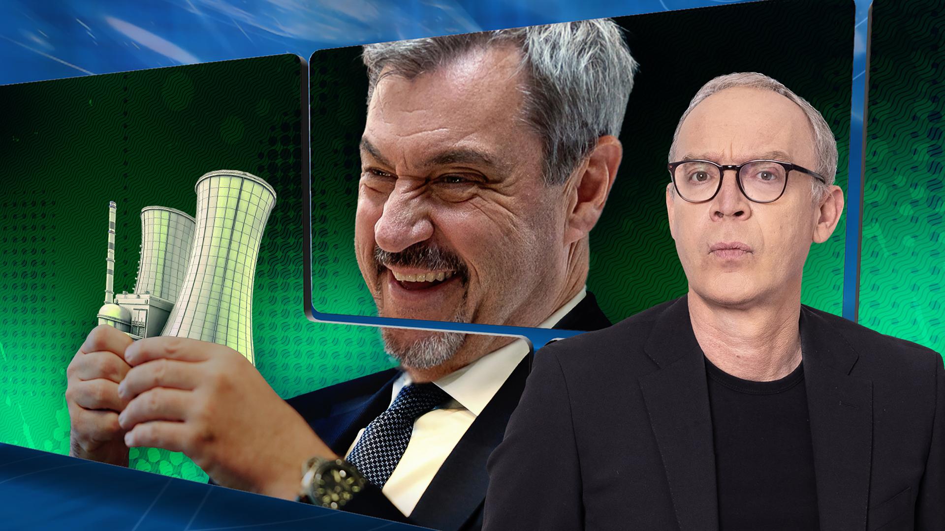 Christoph Süß und ein Bild von Markus Söder, auf dem dieser lachend ein Modell eines Atomkraftwerks in den Händen hält.