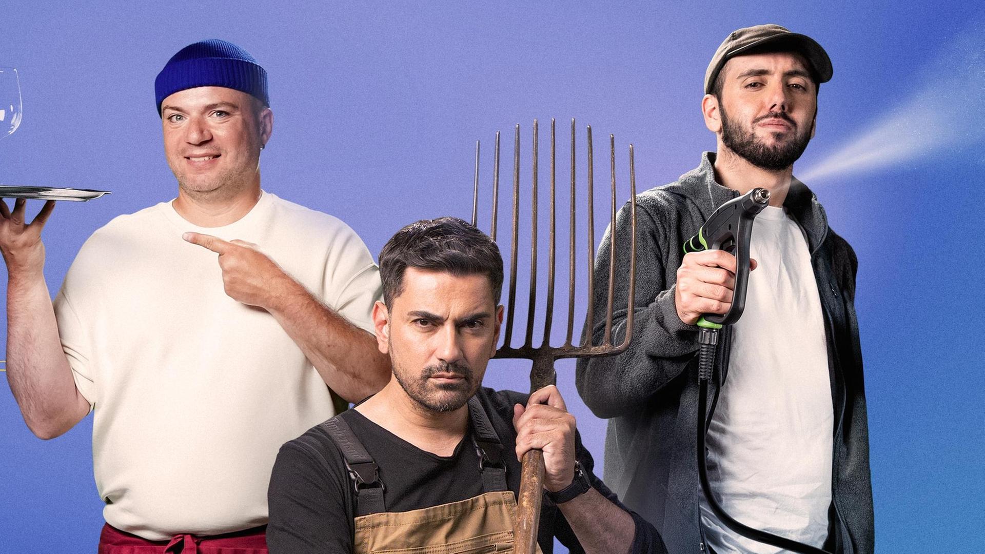 Die Comedians Okan Seese, Tan Caglar und Timur Turga während der Job-Challenge zu "Ein Blinder, ein Lahmer ein Tauber" 