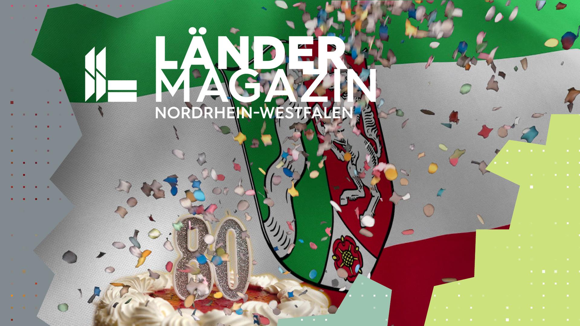 Eine Fahne mit Wappen des Bundeslandes Nordrhein-Westfalen. Davor Konfetti und eine Geburtstagstorte mit der Zahl 80.