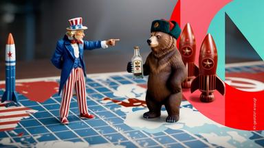 "Kann Spieltheorie die Welt retten?": Auf einem Spielbrett stehen Uncle Sam und ein Bär im Scheinwerferlicht.