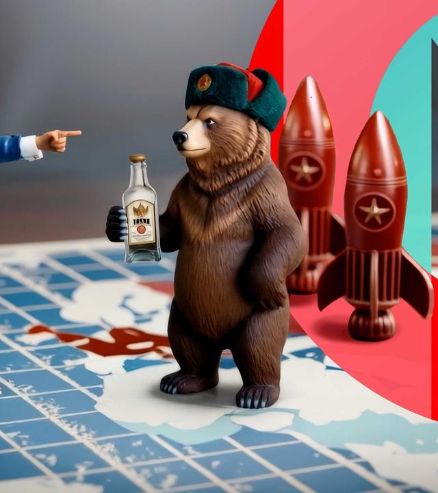 "Kann Spieltheorie die Welt retten?": Auf einem Spielbrett stehen Uncle Sam und ein Bär im Scheinwerferlicht.