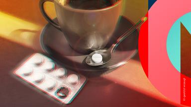 Eine Kaffeetasse steht auf einem Tisch. Daneben liegt auf der Untertasse ein Löffel, auf dem wiederum eine Tablette liegt. Neben der Untertasse ein Tablettenblister.