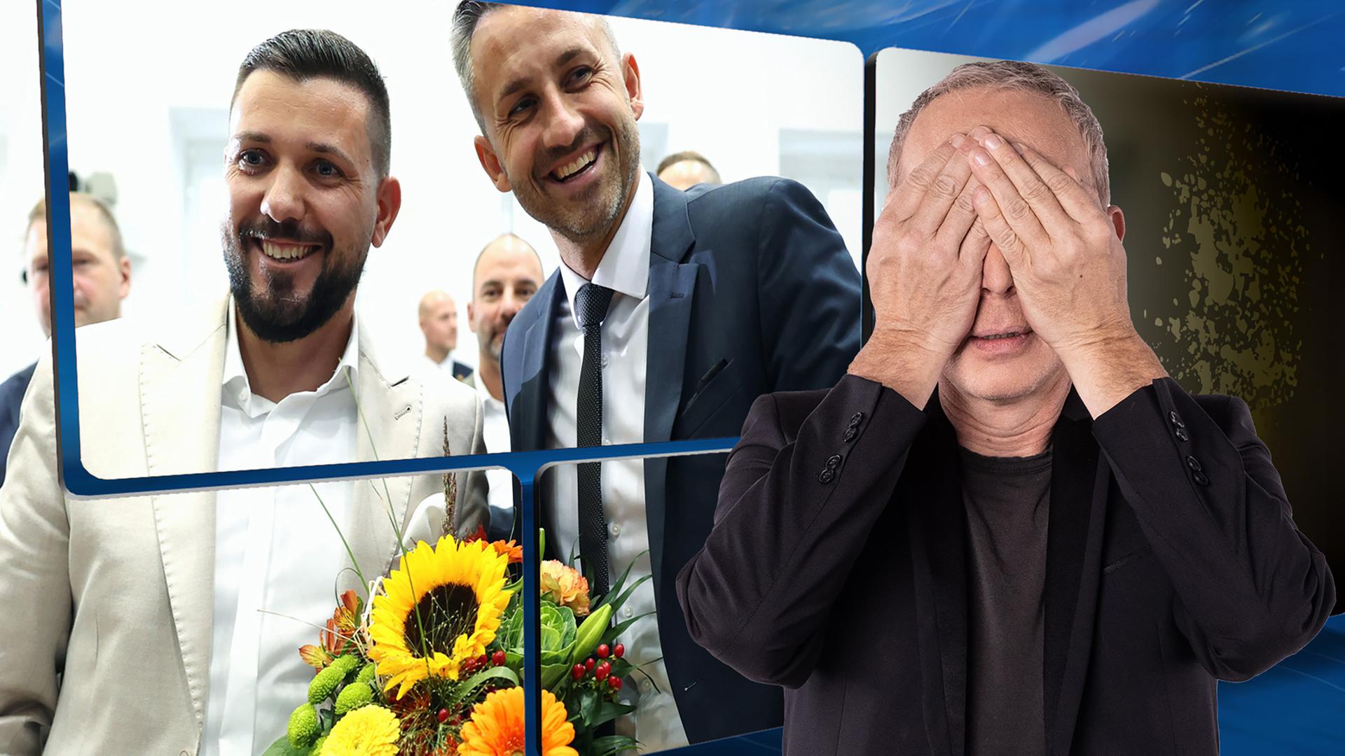 Moderator Christoph Süß hält sich die Hände vor die Augen wahrend er vor einem Hintergrundbild mit AFD-Politikern aus Sachsen-Anhalt steht.