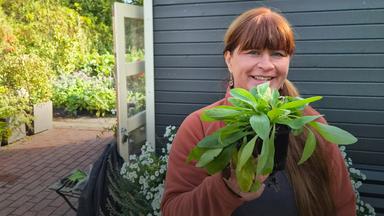 Eine Frau steht vor einem Gartenhäuschen mit einer Topfpflanze in der einen Hand.