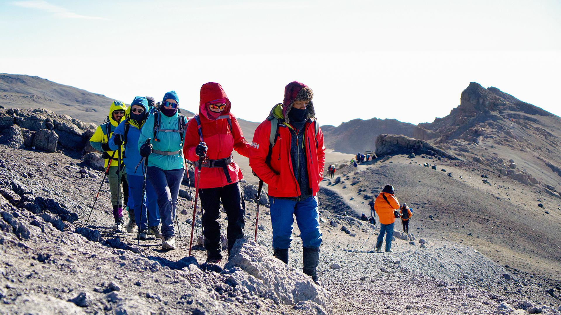 Warm gekleidete Wandergruppe im Gänsemarsch mit Trekkingstöcken auf einem kargen Weg.